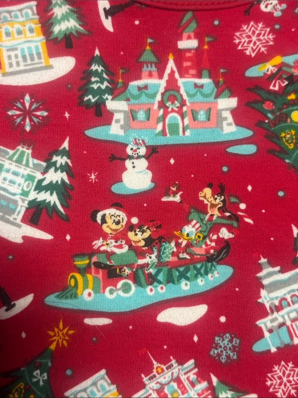 Disney Red Holiday Village Print Long-Sleeve One-Piece Bodysuit